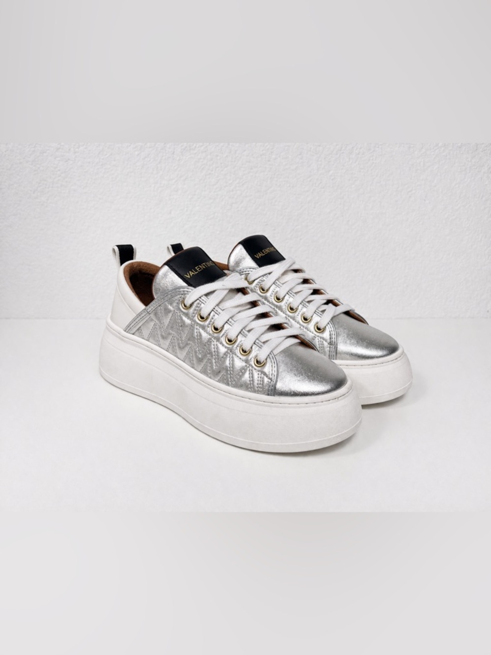 Valentino Metallic Silver Quilted Platform Sneakers with Black Accents